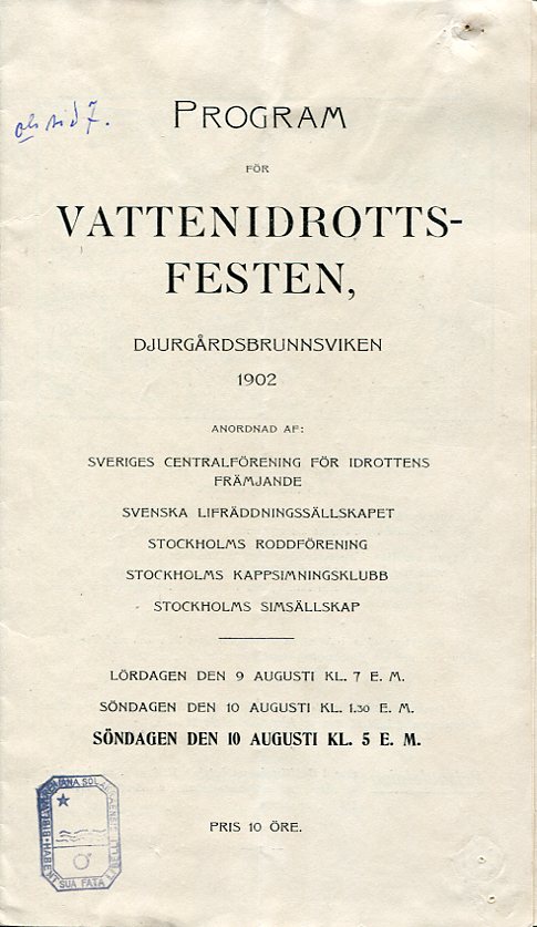 Program för vattenidrottsfesten Djurgårdsbrunnsviken 1902