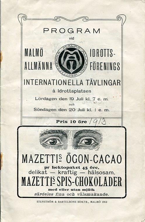 Program vid Malmö allmänna idrottsförenings MAI internationella tävlingar 19-20 juli 1913