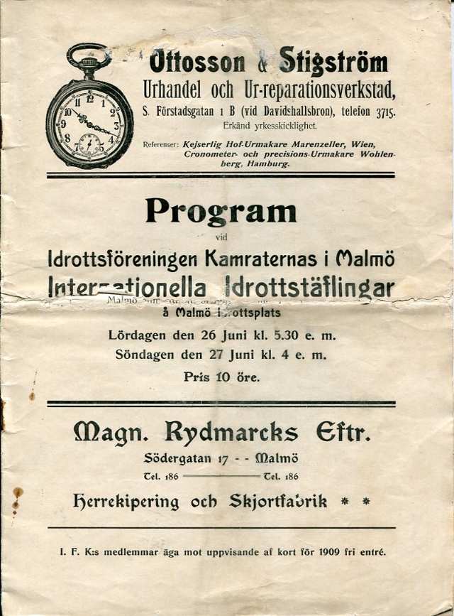 Program vid IFK:s internationella idrottstäflingar 26-27 juni 1909