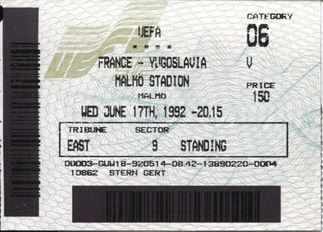 Biljett France-Yugoslavia 1992 Malmö canceled match