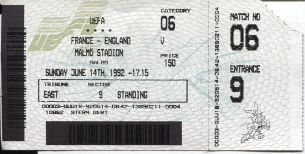 Biljett/ticket France-England 1992 Malmö